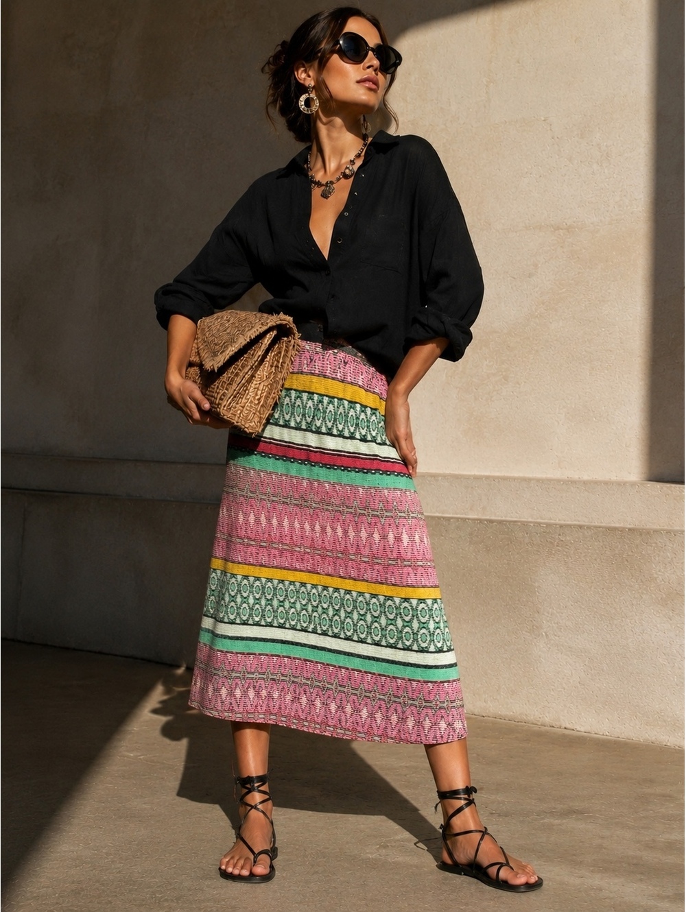 Anthropologie Aldomartins Marbella Knit Midi Boho Skirt Colorful Women’s US 6